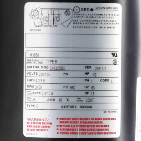 Century 1/2HP 115/230V 3450RPM 56C Mtr K1050